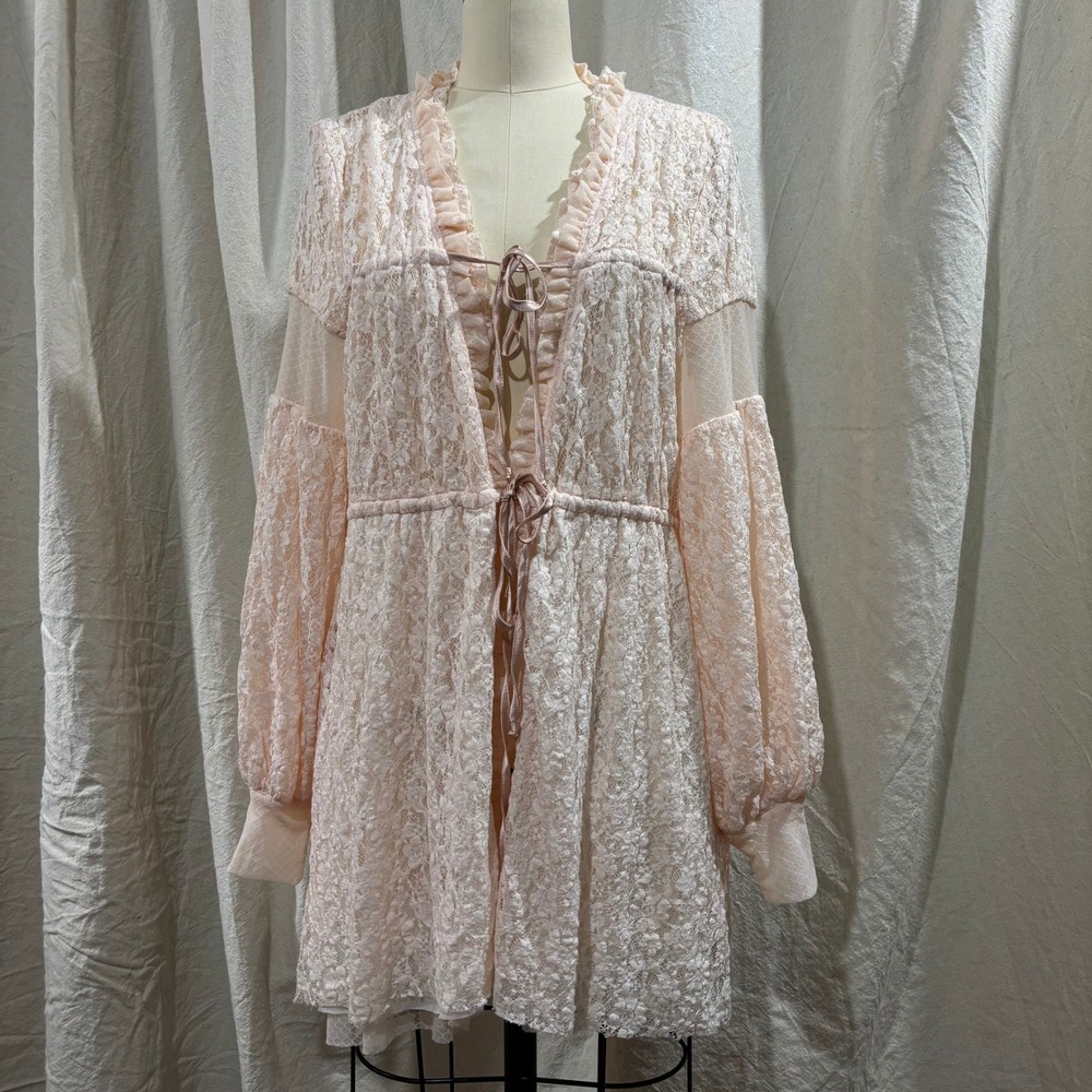 HAH Hot as Hell Pink Lace Mini Dress Duster Puff Sleeve Ruffle Front Tie‎ Small